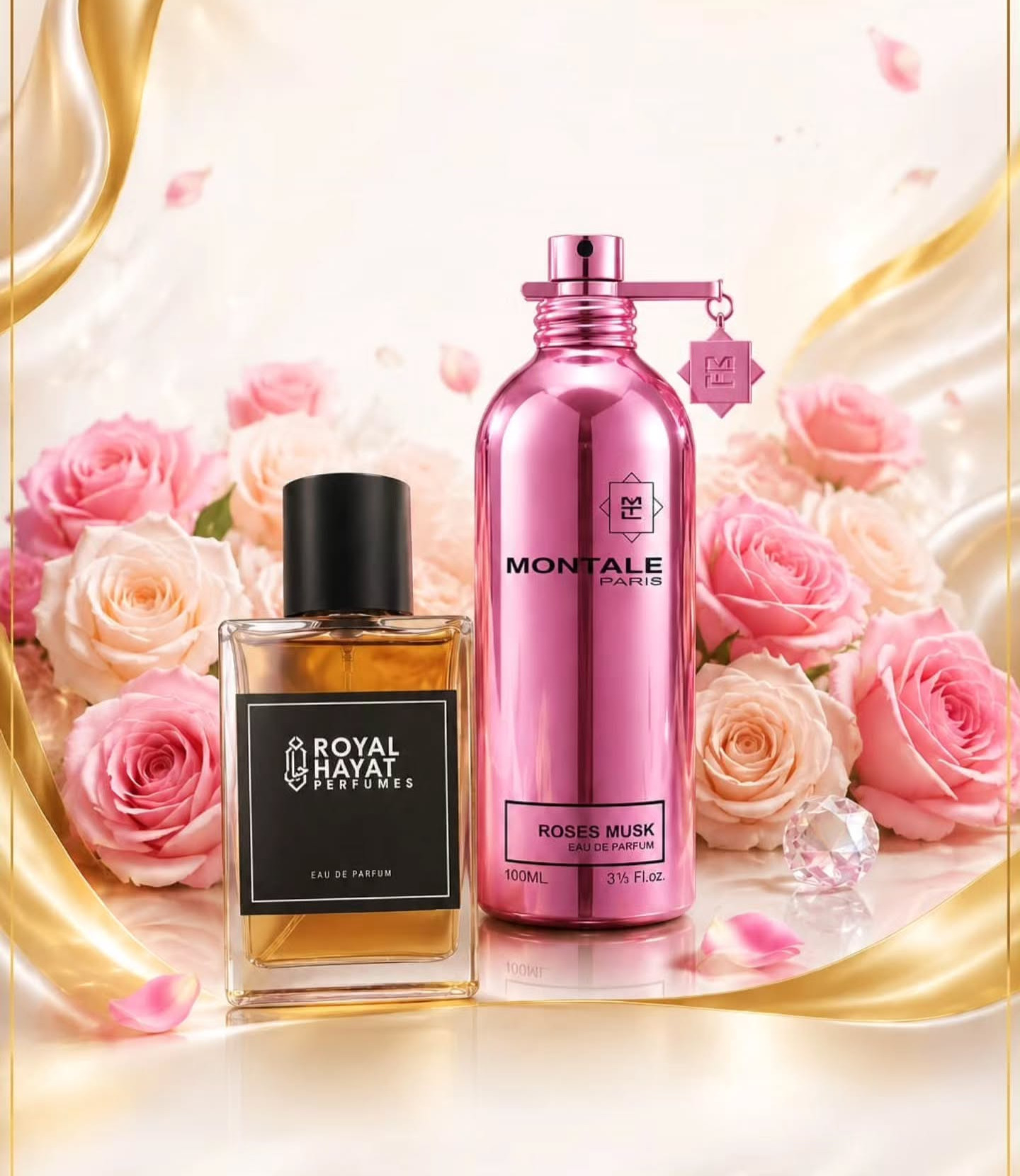 Roses Musk — Royal Hayat musk eau de parfum with soft pink roses on ivory silk